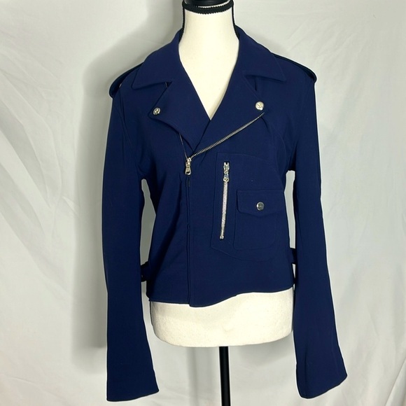 Ralph Lauren Black Label Moto Jacket Blue Women's Size 8 Wool Blend Zip Pocket - Picture 1 of 7